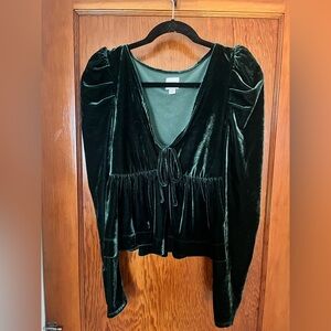 Velvet Tie-Front Puff Sleeve Top - Dark Green